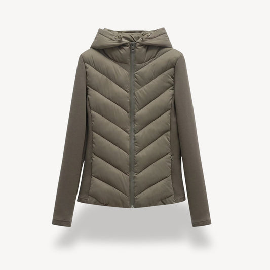 Women's hooded jacket with chevron quilted front and zip closure