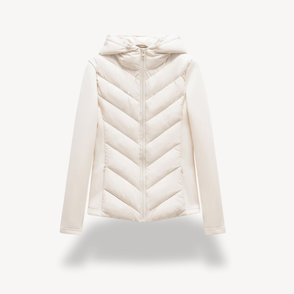Women's hooded jacket with chevron quilted front and zip closure