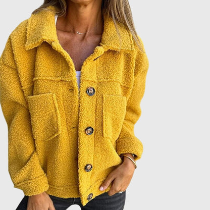 Women's textured button jacket with wide collar and front patch pockets