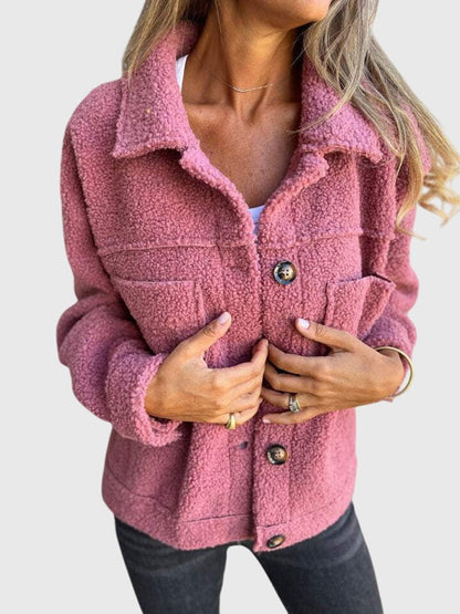 Women's textured button jacket with wide collar and front patch pockets
