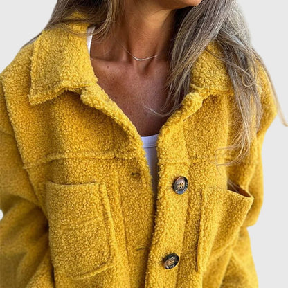 Women's textured button jacket with wide collar and front patch pockets