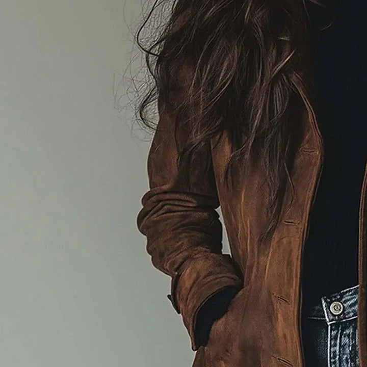 Women's longline button front coat with notched lapels and side pockets