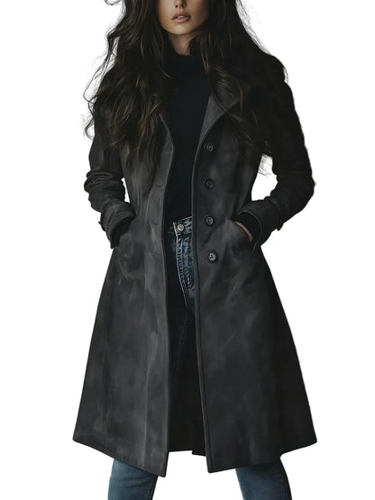 Women's longline button front coat with notched lapels and side pockets