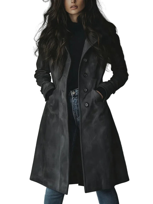 Women's longline button front coat with notched lapels and side pockets