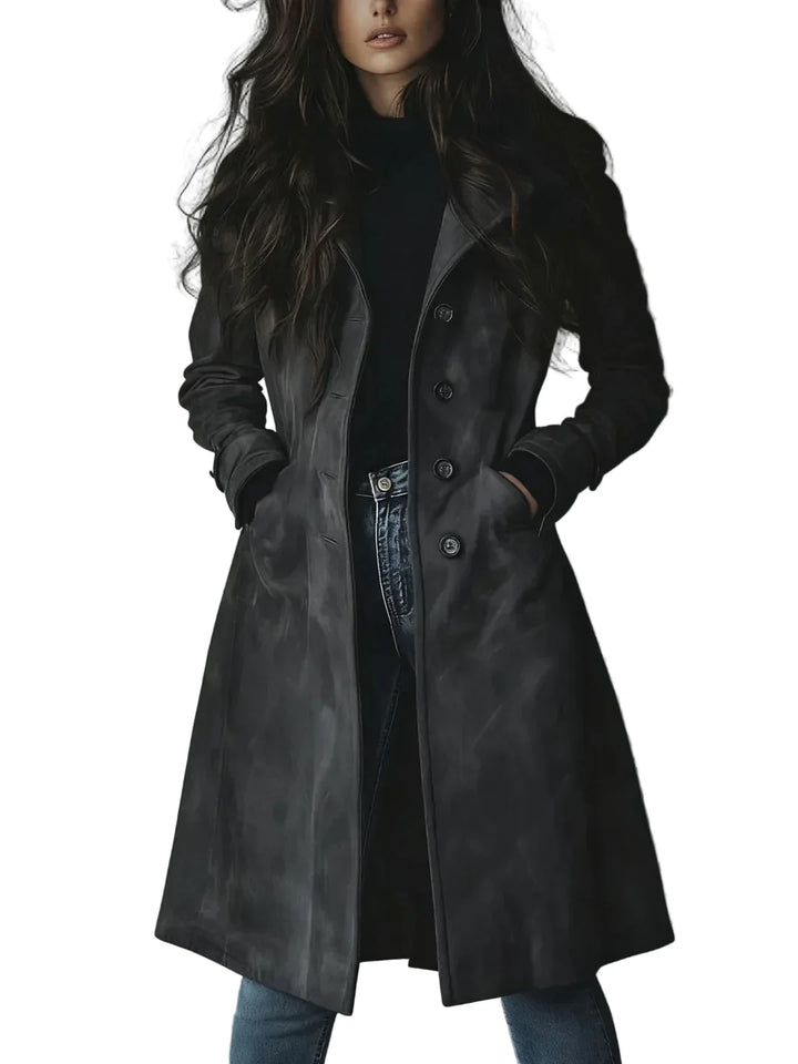 Women's longline button front coat with notched lapels and side pockets
