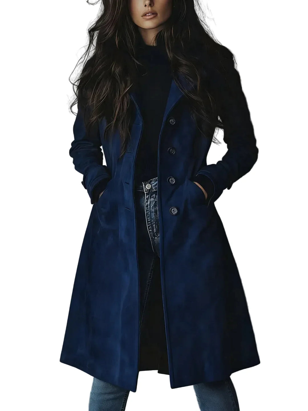 Women's longline button front coat with notched lapels and side pockets