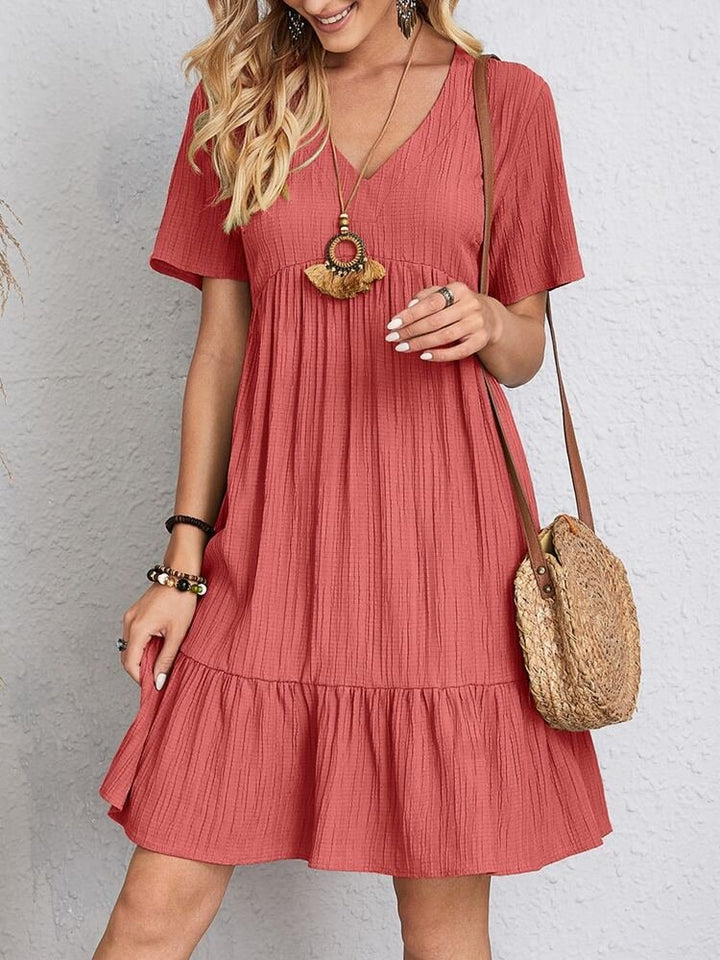 Women's V-Neck Tiered Swing Dress — Short-Sleeve Babydoll Empire-Waist Ruffle Summer Dress