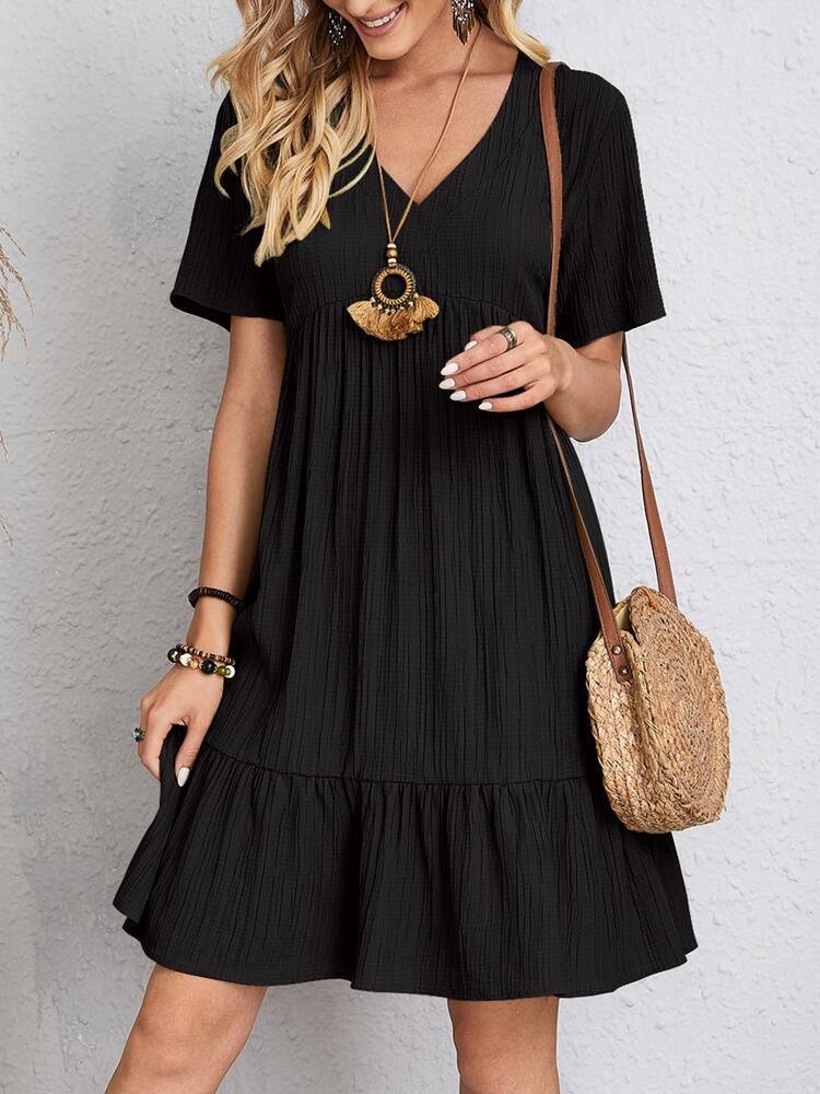 Women's V-Neck Tiered Swing Dress — Short-Sleeve Babydoll Empire-Waist Ruffle Summer Dress