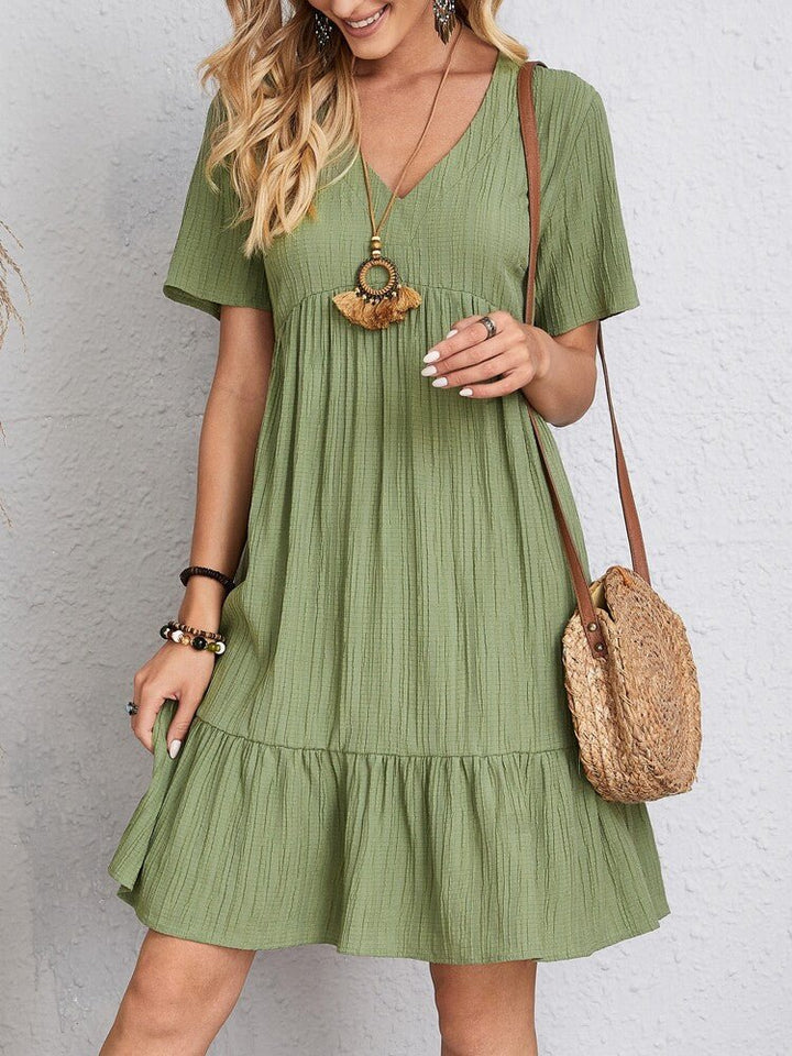 Women's V-Neck Tiered Swing Dress — Short-Sleeve Babydoll Empire-Waist Ruffle Summer Dress