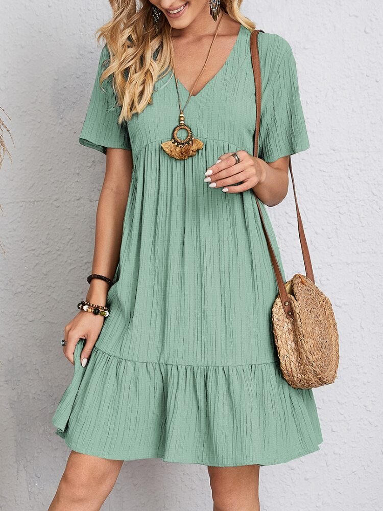 Women's V-Neck Tiered Swing Dress — Short-Sleeve Babydoll Empire-Waist Ruffle Summer Dress