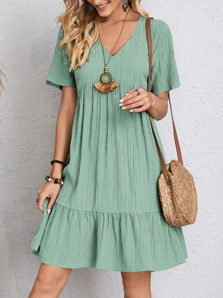 Women's V-Neck Tiered Swing Dress — Short-Sleeve Babydoll Empire-Waist Ruffle Summer Dress