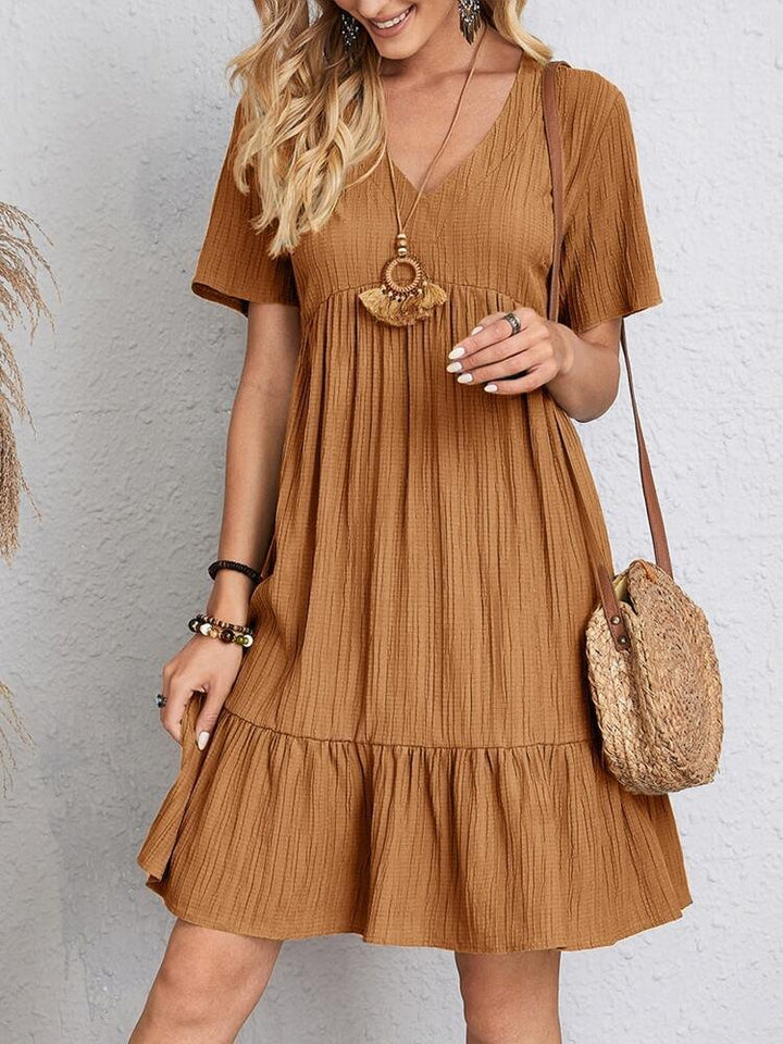 Women's V-Neck Tiered Swing Dress — Short-Sleeve Babydoll Empire-Waist Ruffle Summer Dress