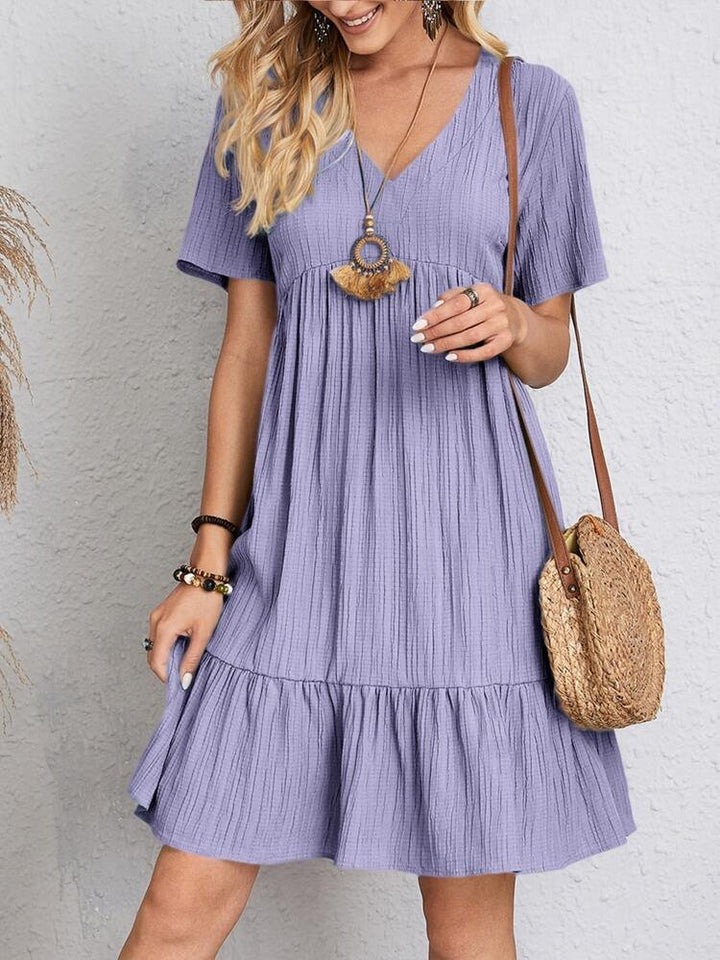Women's V-Neck Tiered Swing Dress — Short-Sleeve Babydoll Empire-Waist Ruffle Summer Dress