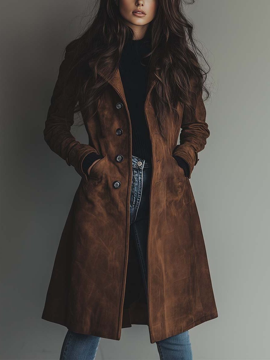 Women's brown double-breasted trench coat with lapels and long sleeves