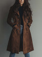 Women's brown double-breasted trench coat with lapels and long sleeves