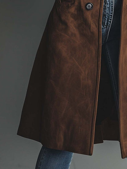 Women's brown double-breasted trench coat with lapels and long sleeves