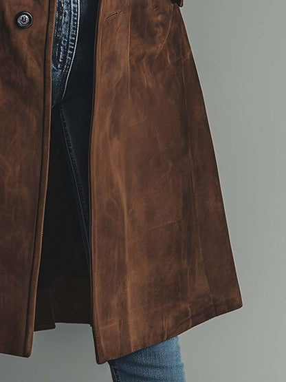 Women's brown double-breasted trench coat with lapels and long sleeves