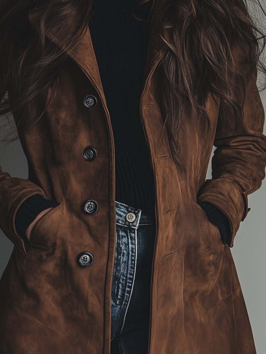 Women's brown double-breasted trench coat with lapels and long sleeves