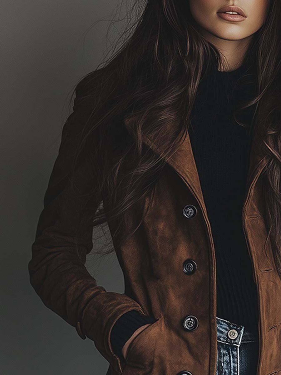 Women's brown double-breasted trench coat with lapels and long sleeves