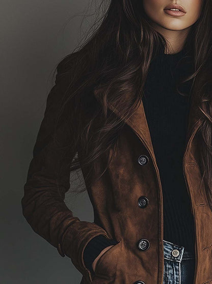 Women's brown double-breasted trench coat with lapels and long sleeves