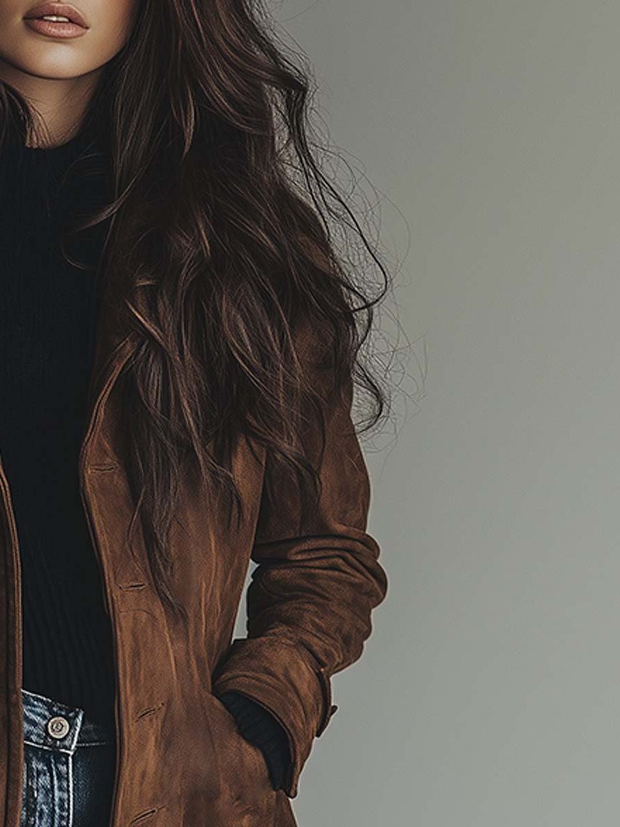 Women's brown double-breasted trench coat with lapels and long sleeves