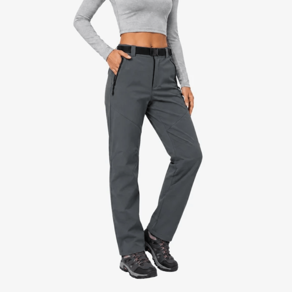 Women's full-length hiking pants with belt, zip pockets and straight legs