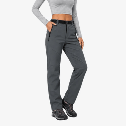 Women's full-length hiking pants with belt, zip pockets and straight legs