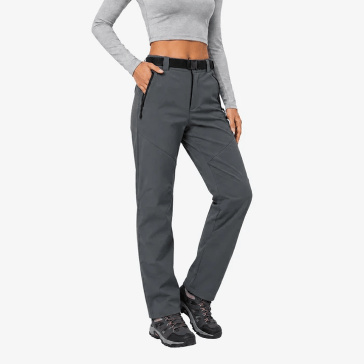Women's full-length hiking pants with belt, zip pockets and straight legs