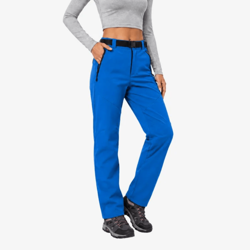 Women's full-length hiking pants with belt, zip pockets and straight legs