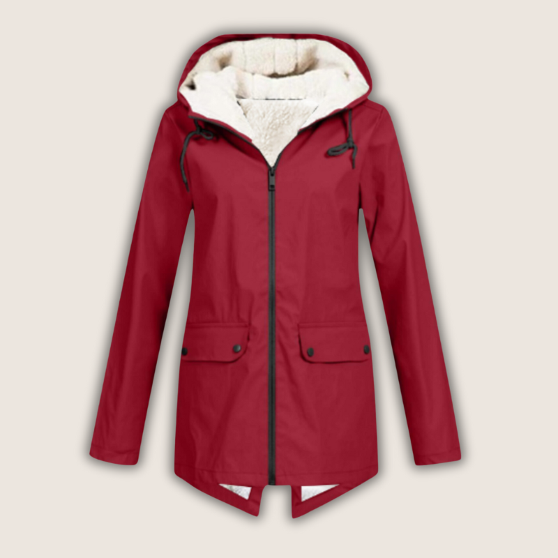 Women's hooded rain jacket with long sleeves, zip front and flap pockets