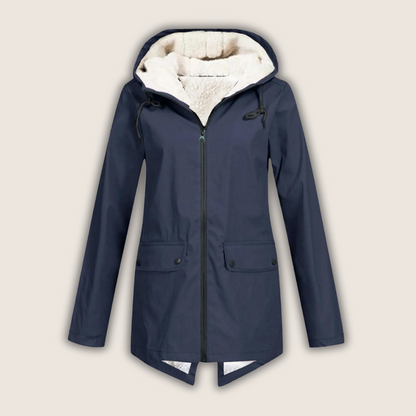 Women's hooded rain jacket with long sleeves, zip front and flap pockets