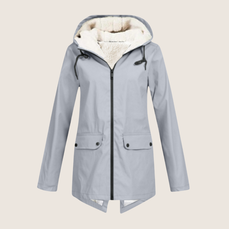 Women's hooded rain jacket with long sleeves, zip front and flap pockets