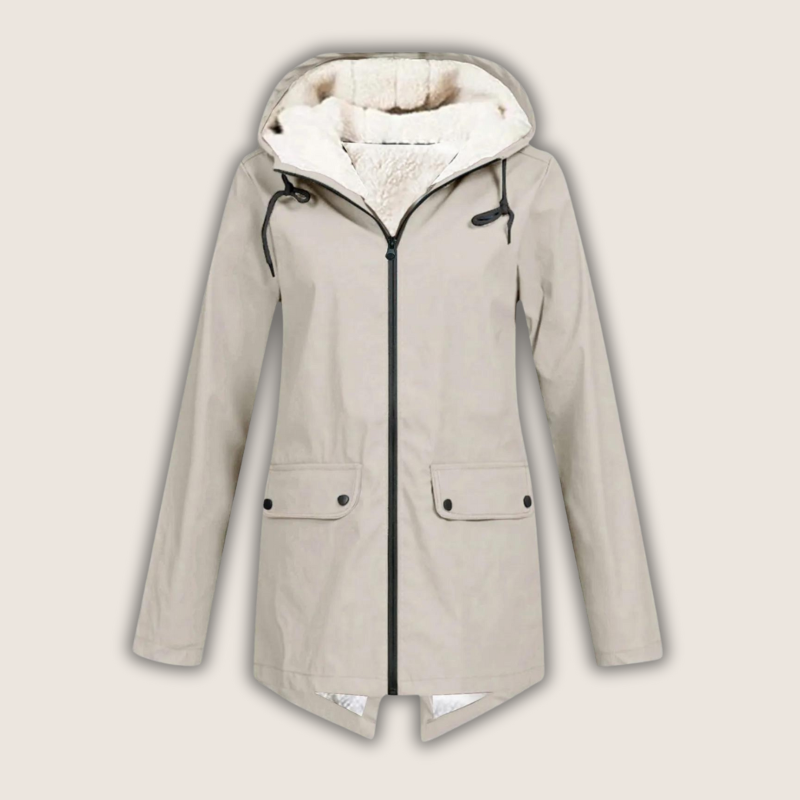 Women's hooded rain jacket with long sleeves, zip front and flap pockets