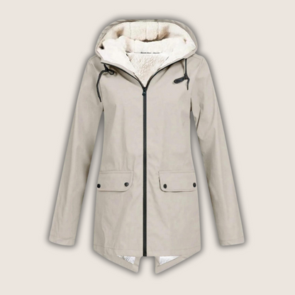 Women's hooded rain jacket with long sleeves, zip front and flap pockets