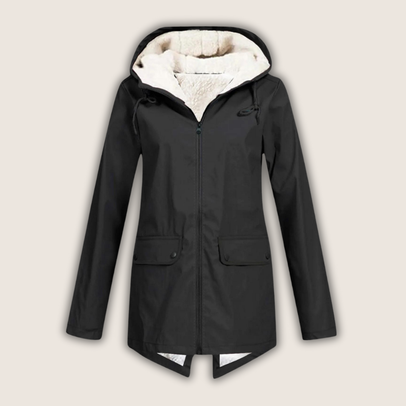 Women's hooded rain jacket with long sleeves, zip front and flap pockets