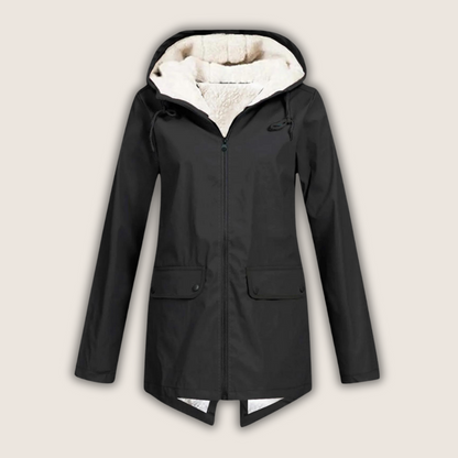 Women's hooded rain jacket with long sleeves, zip front and flap pockets