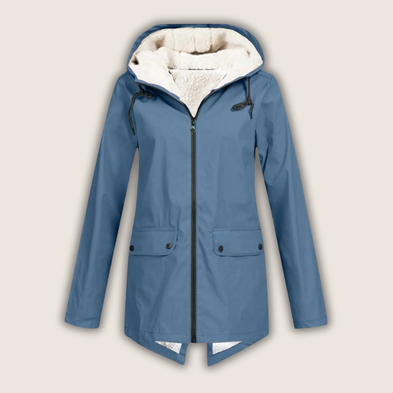 Women's hooded rain jacket with long sleeves, zip front and flap pockets
