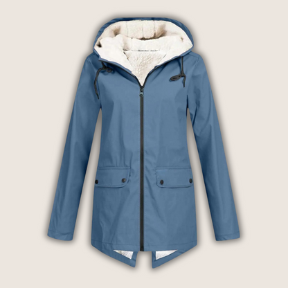 Women's hooded rain jacket with long sleeves, zip front and flap pockets