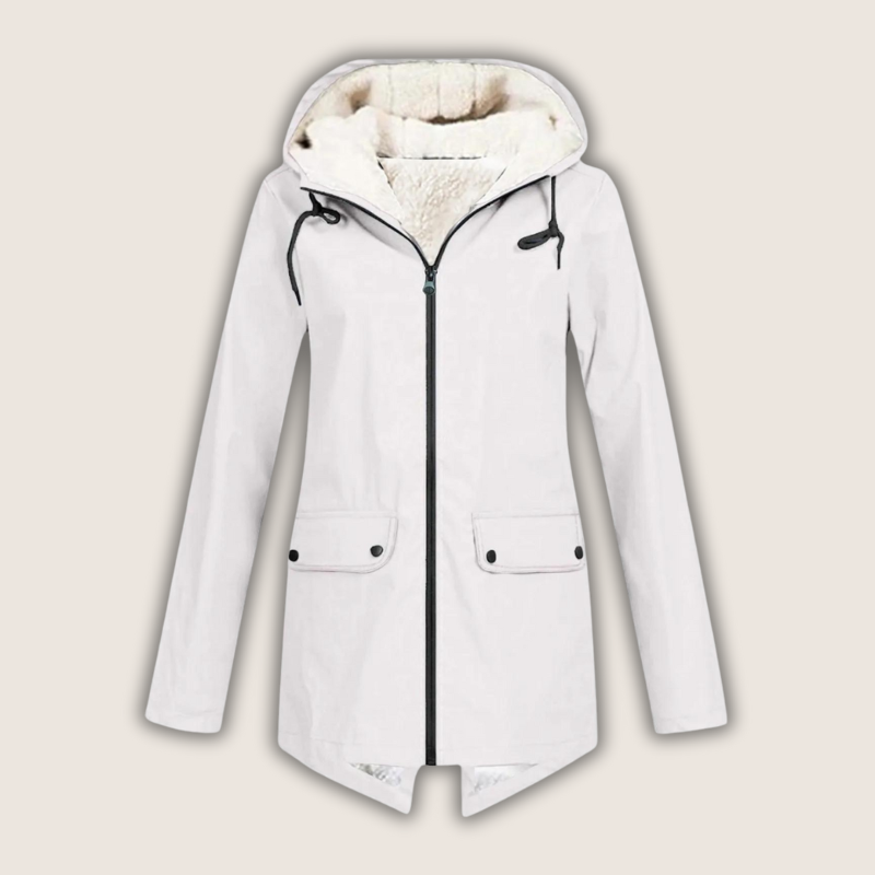 Women's hooded rain jacket with long sleeves, zip front and flap pockets