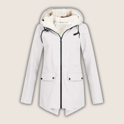 Women's hooded rain jacket with long sleeves, zip front and flap pockets