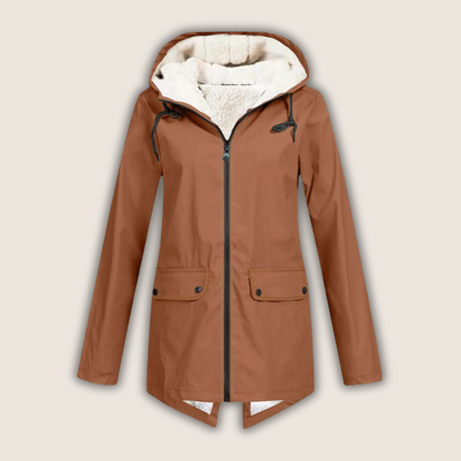 Women's hooded rain jacket with long sleeves, zip front and flap pockets