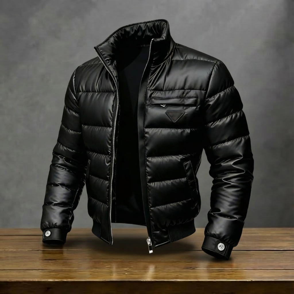 Men's black quilted puffer jacket with stand collar and zip front