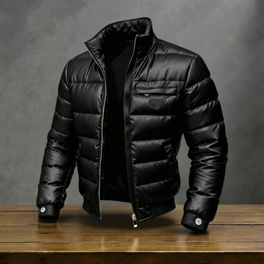 Men's black quilted puffer jacket with stand collar and zip front