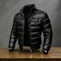 Men's black quilted puffer jacket with stand collar and zip front