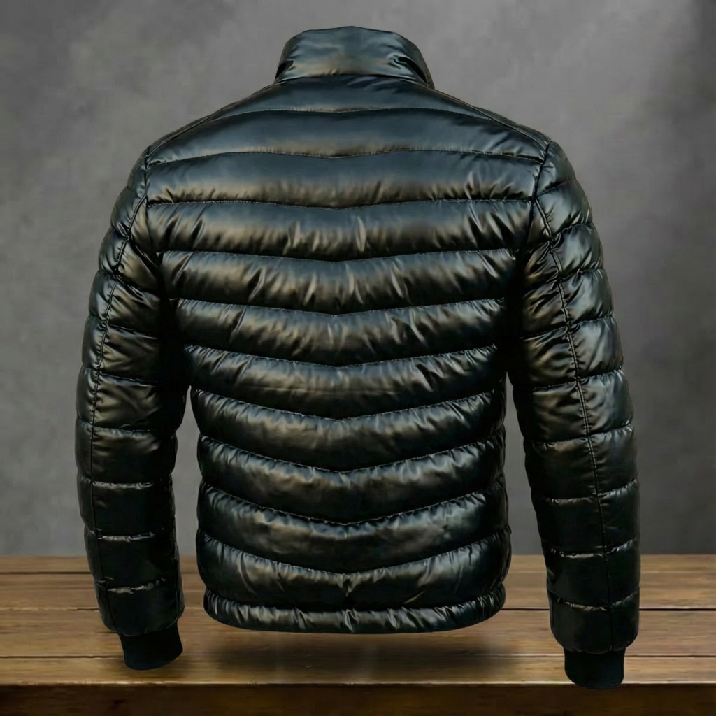 Men's black quilted puffer jacket with stand collar and zip front