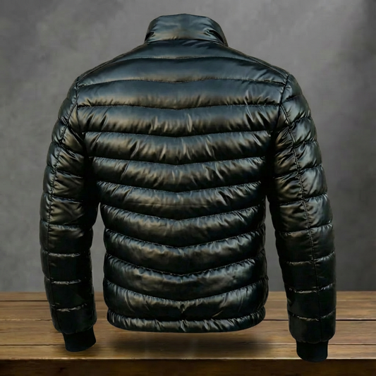 Men's black quilted puffer jacket with stand collar and zip front