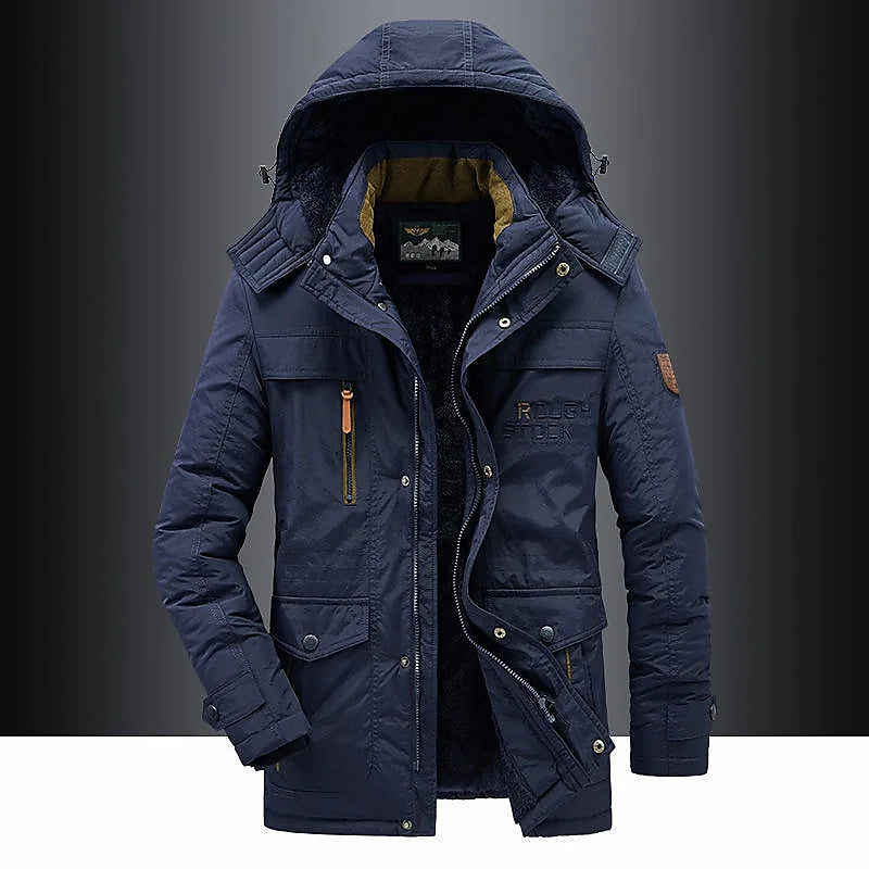 Men's hooded mid-length parka shown in green and black with multiple pockets