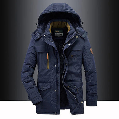 Men's hooded mid-length parka shown in green and black with multiple pockets
