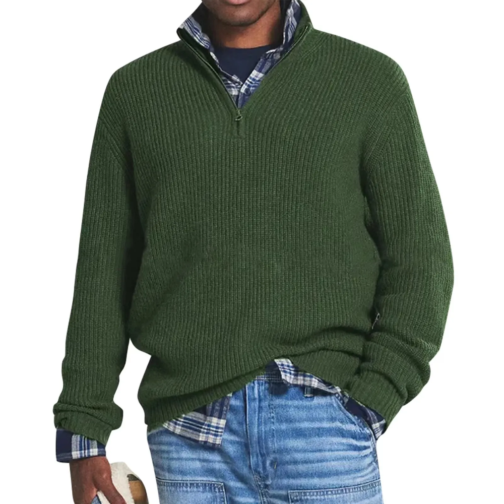Men's ribbed quarter-zip mock neck sweater with long sleeves
