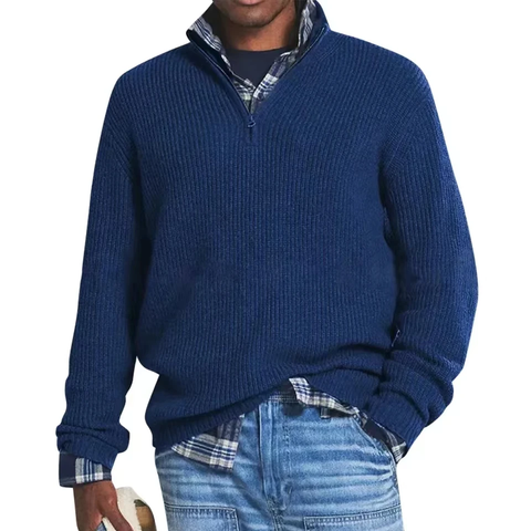 Men's ribbed quarter-zip mock neck sweater with long sleeves